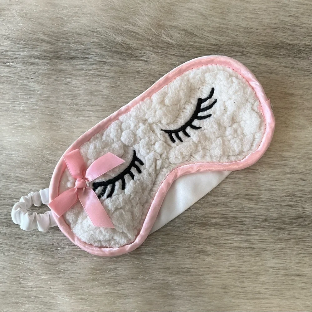 EYE SLEEP MASK Little Bo Peep Plush Pink White Elastic Back Bow Eyelashes Soft